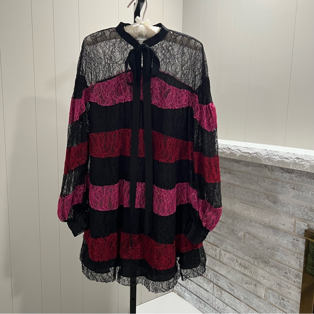 Sachin & Babi Black Lace Bold Striped Tie Bow Long Sleeve Mini Shift Dress 4